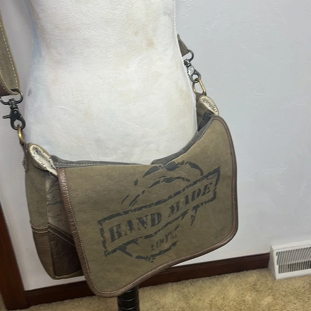 Myra 100% Handmade Messenger Type Upcycled Bag Canvas and Leather MCB4685M